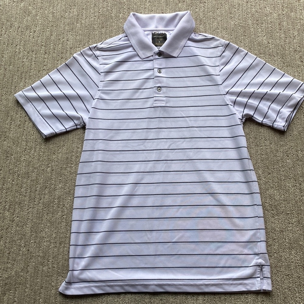 Men’s Greg Norman White with Black Stripe Golf Polo - Size S